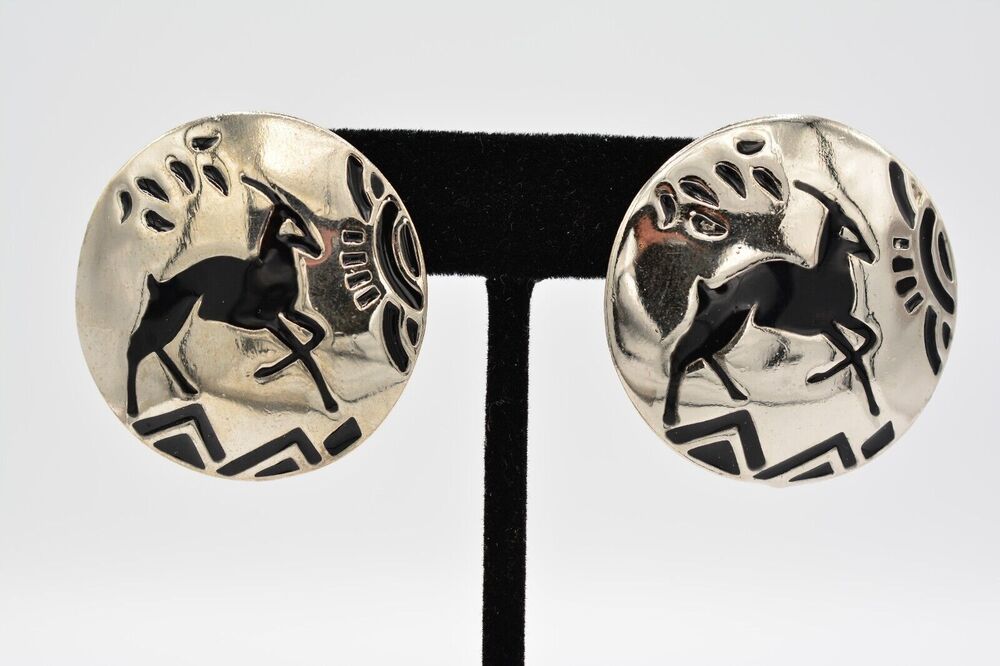 Vintage Enamel Clip Earrings Tribal Antelope Black Silver Chunky Round 80s BinAF